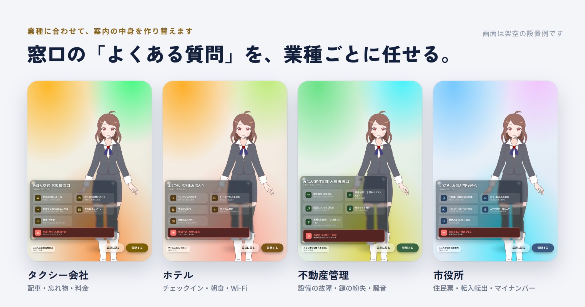 タクシー会社・ホテル・不動産管理・市役所を想定したAIRAの4種類の案内画面