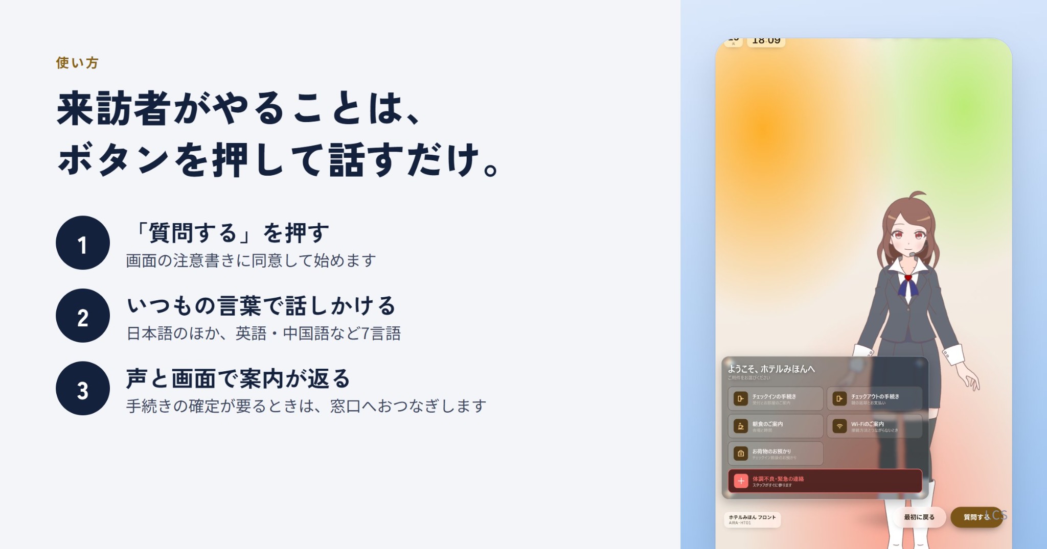 AIRAの使い方：質問するボタンを押す、いつもの言葉で話しかける、声と画面で案内が返る